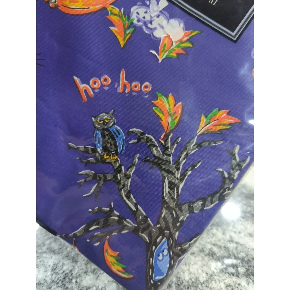 NEW Elrene Halloween 52x70 Oval  Flannel Back Vinyl Tablecloth Cats Owls Pumpkin